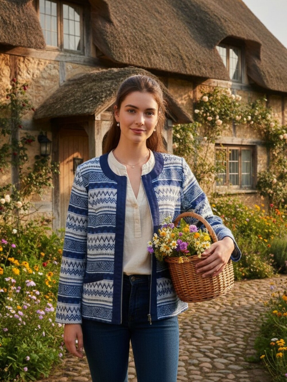Le Grenier Blue and White Zippered Sweater Cardigan Size 16